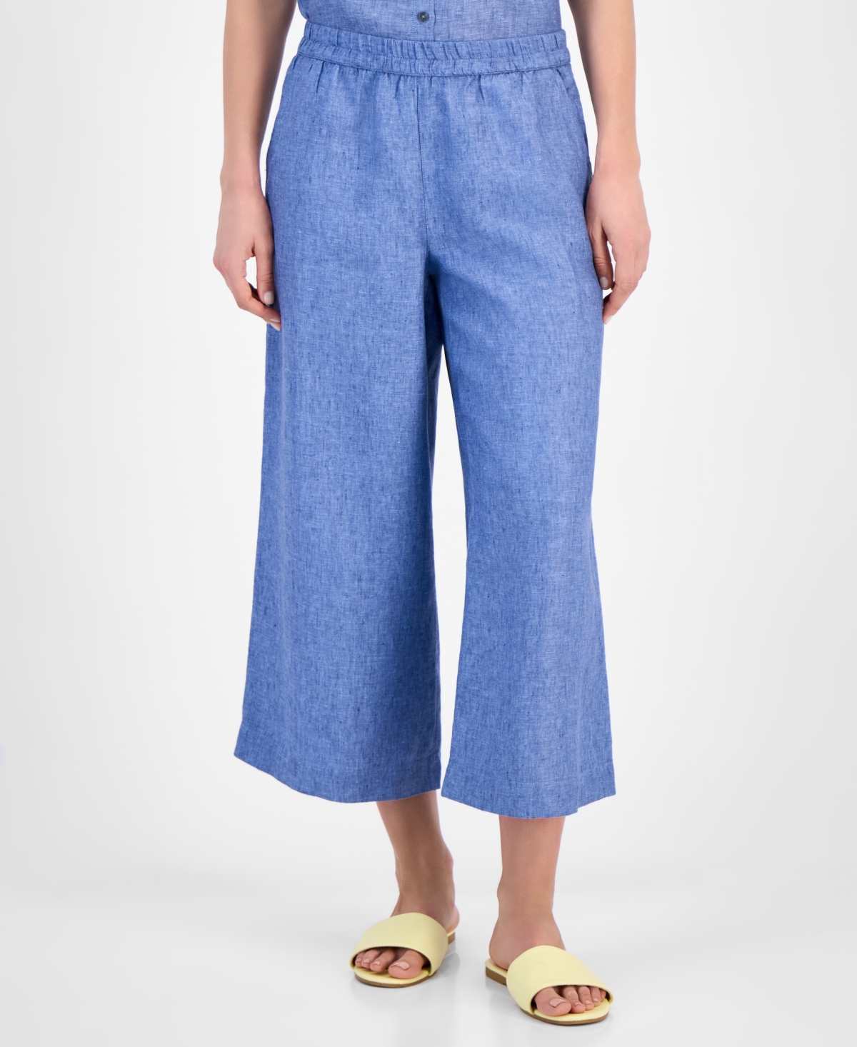Women's Cropped Wide-Leg 100% Linen Pants, Exclusively at Macy's - Intrepid Blue