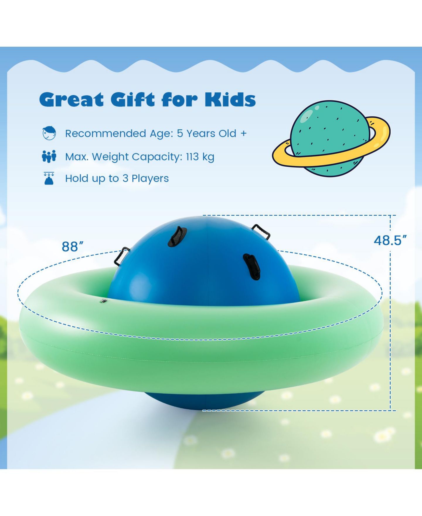 Детская игрушка HONGGE 7.5 Ft Inflatable Dome Rocker Bouncer with 6 Handles for Kids, цвет: Зелёный синий — фото 2