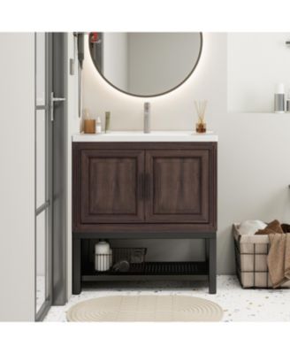 32" Bathroom Vanity with White Ceramic Sink & Faucet,Freestanding Bathroom Cabinet with 2 Storage Doors and Open iron Shelf
