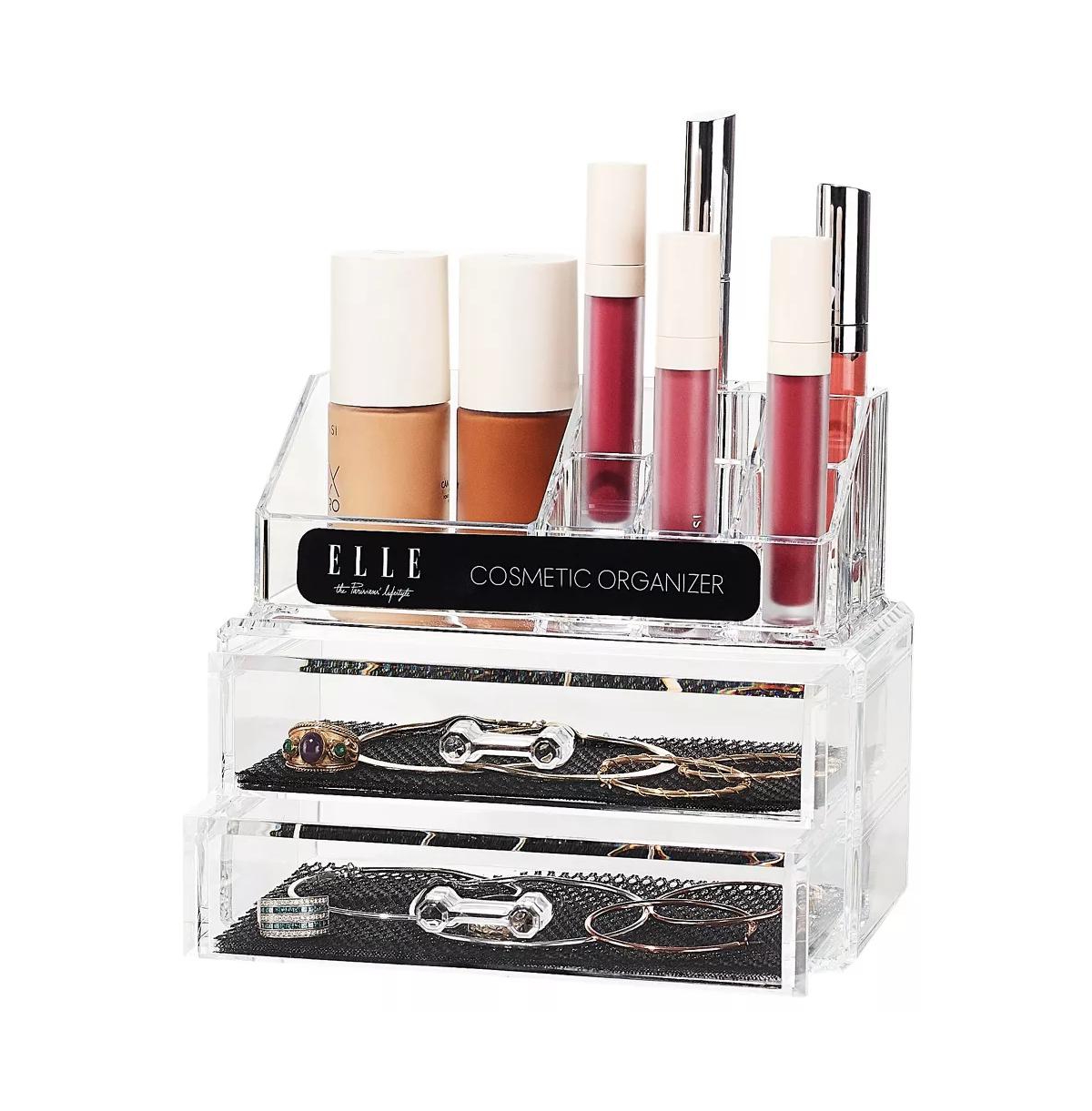 Acrylic Cosmetic Organizer with 2 Drawers & 3 Tiered Compartments, Clear Makeup Storage, Compact Vanity Organizer for Skincare and Makeup Brushes