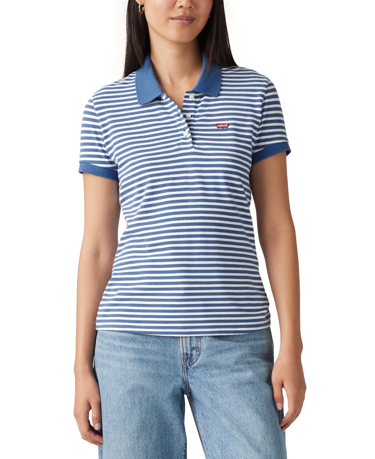 Women's Short-Sleeve Pique Knit Polo Shirt - Marigold Stripe Peachskin