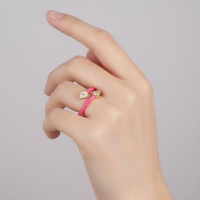 Young Adults/Teens Sterling Silver 14k Gold Plated Cubic Zirconia Bypass Magenta Pink Enamel Stacking Ring