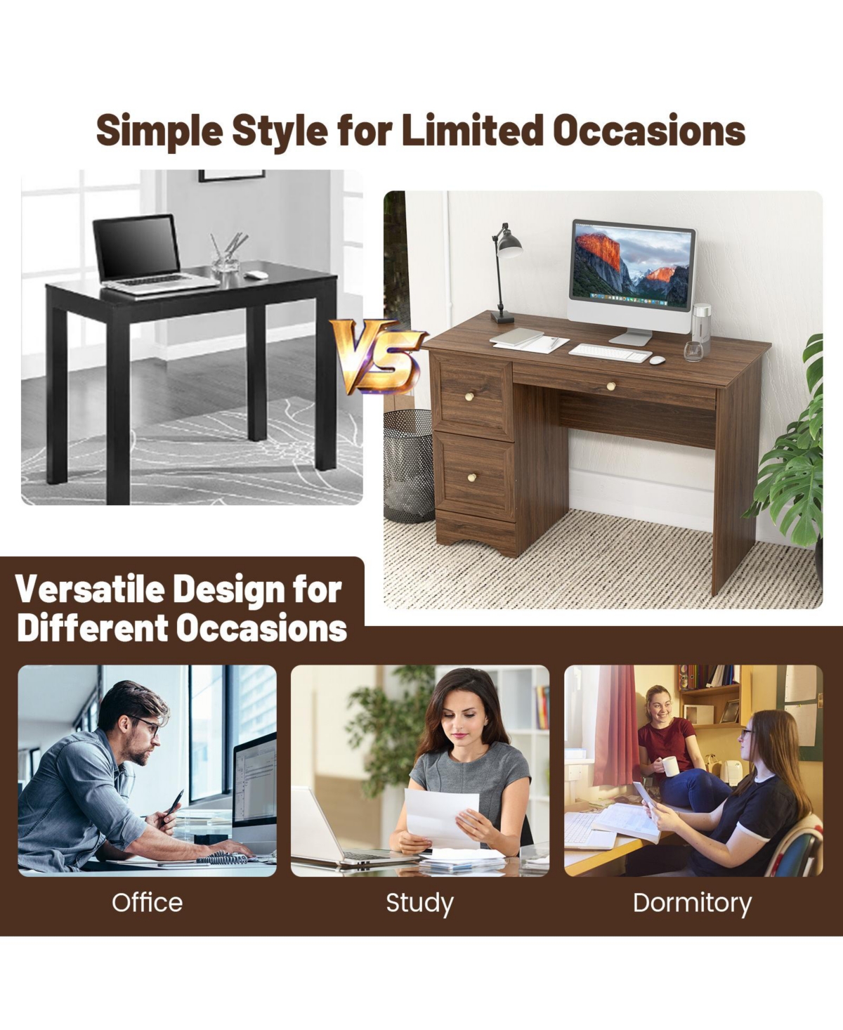 Wooden Vintage Computer Desk with 3 Drawers for Home and Office