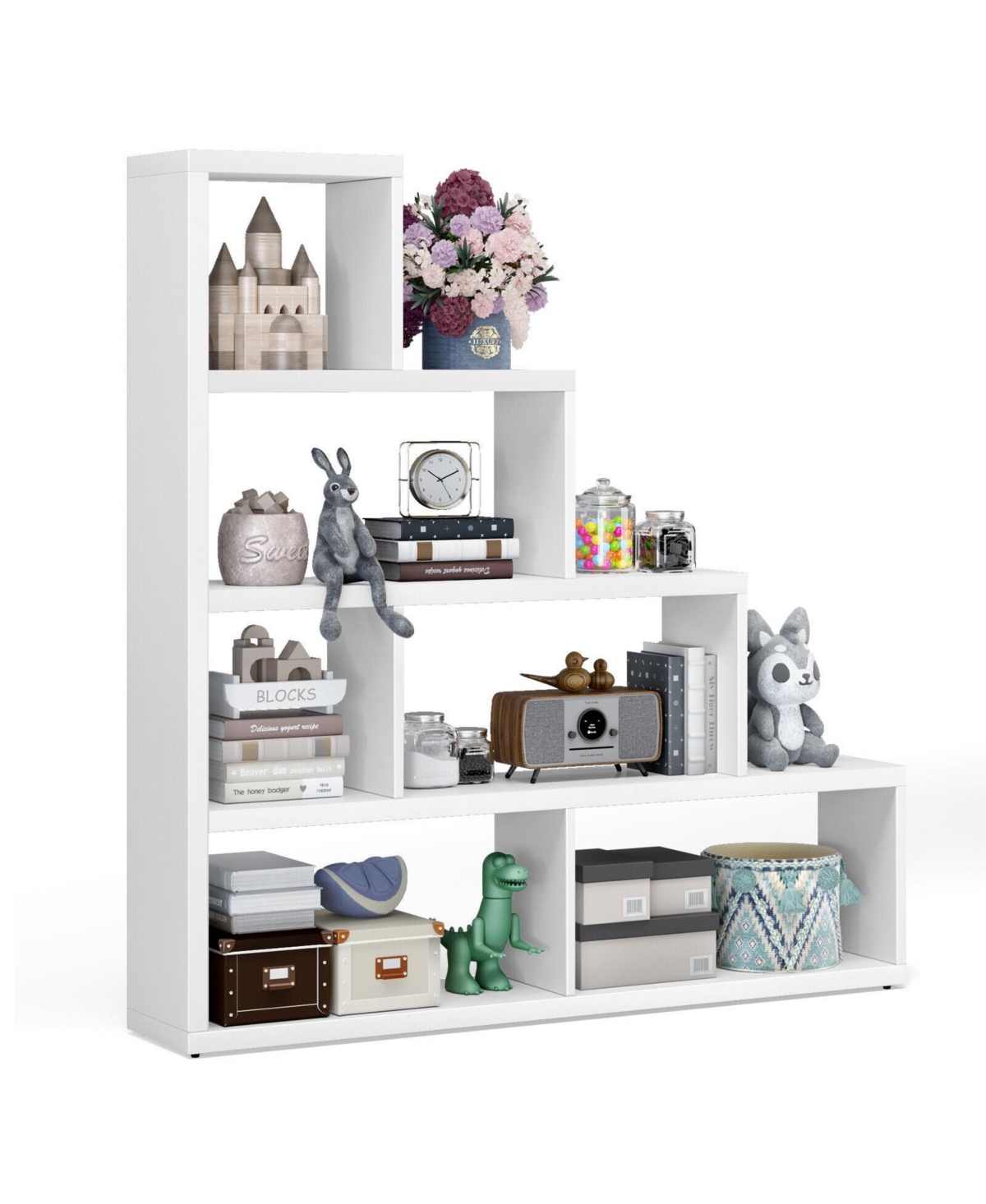 6 Cubes Ladder Shelf Corner Bookshelf Storage Bookcase - White