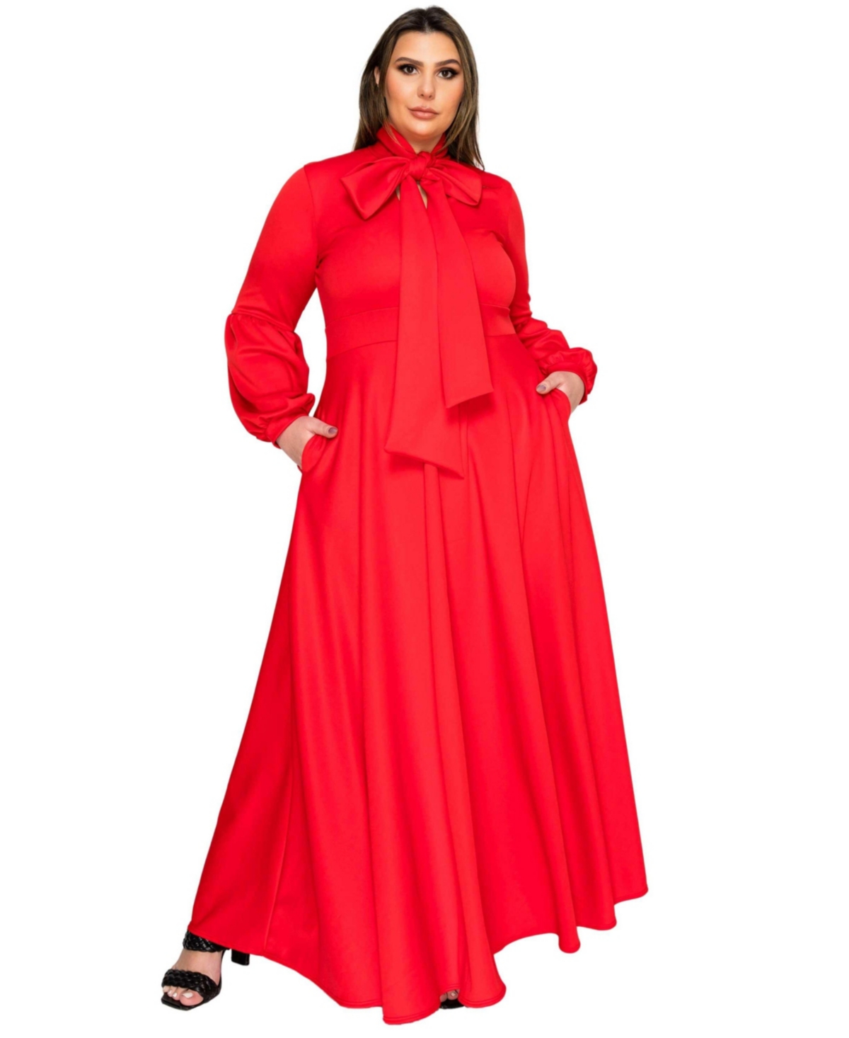 Plus Size Bella Donna Dress with Ribbon and Bishop Sleeves - Tangerine