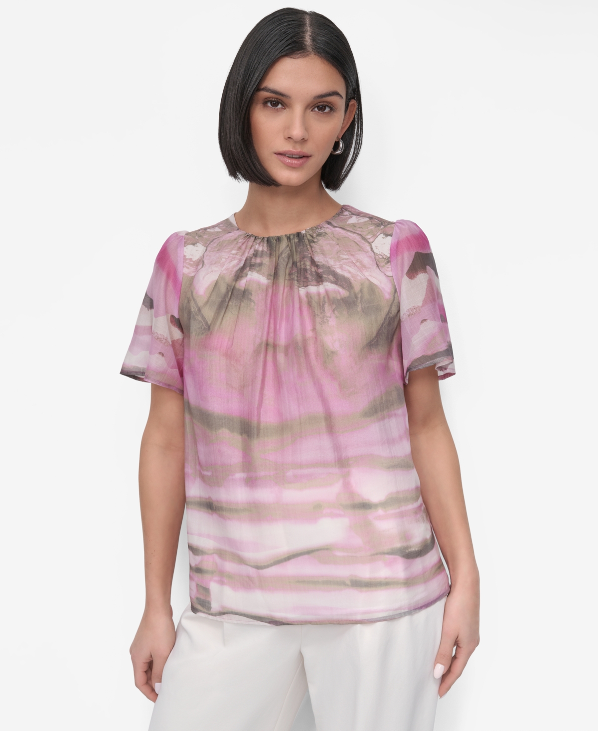 Women's Printed Puff-Shoulder Blouse - Pink Multi