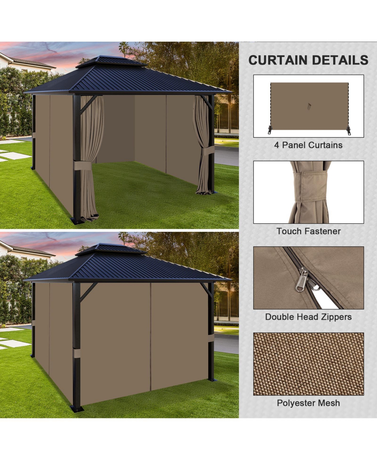 Aoodor Gazebo Curtain 10' x 12' Replacement Universal 4 Panel Sidewalls (Only Curtain)