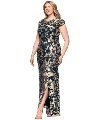 Plus Size Metallic Print Cowlneck Gown