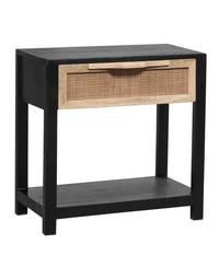 Mango Wood Side Table – Rattan Drawer & Open Shelf Storage