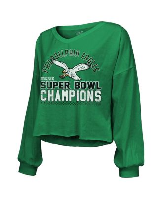 Величественная женская футболка Kelly Green Philadelphia Eagles Super Bowl LIX Champions Hard Count в стиле ретро с открытыми плечами и V-образным вырезом и длинным рукавом