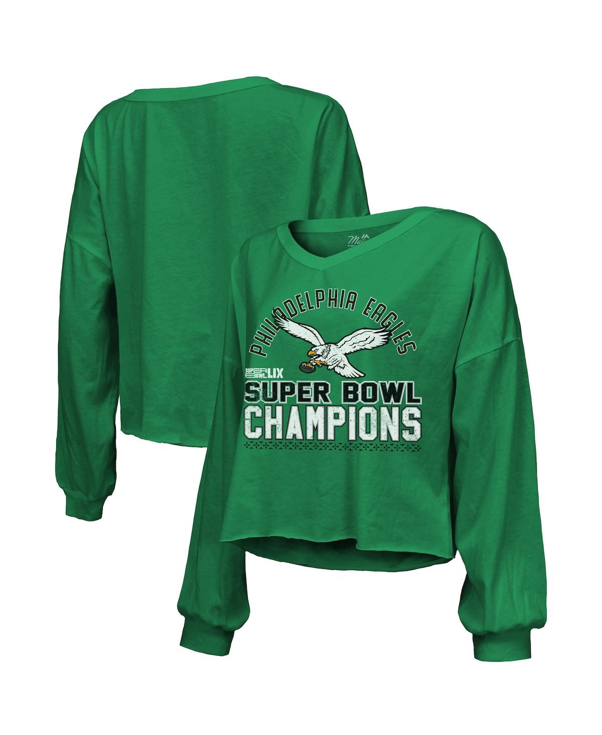 MAJESTIC WOMEN'S KELLY GREEN PHILADELPHIA EAGLES SUPER BOWL LIX CHAMPIONS HARD COUNT RETRO OFF SHOULDER V-NEC 