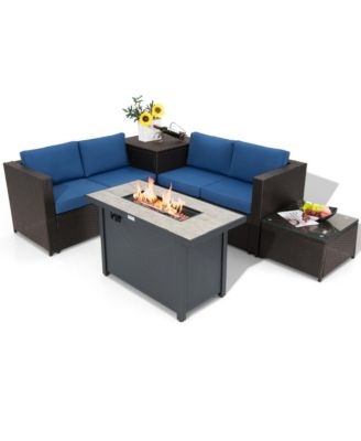 5PCS Patio Rattan Furniture Set Fire Pit Table w/ Cover Storage Cushion