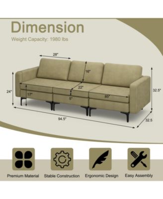 Convertible Sofa Couch with Magazine Pockets 3-Seat with 2 USB Port