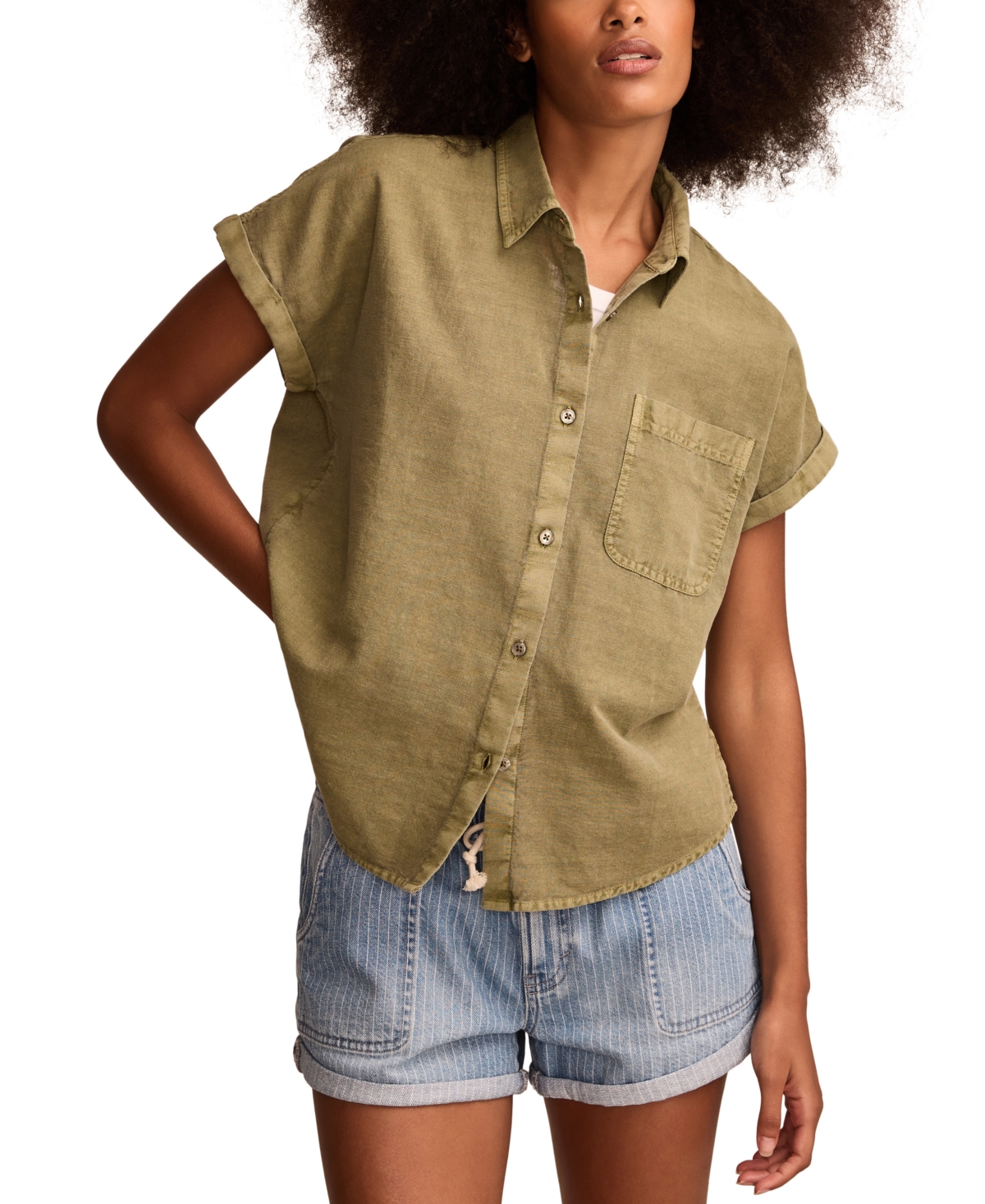 Lucky Brand Women's Rolled-sleeve Button-down Shirt In Dusty Olive