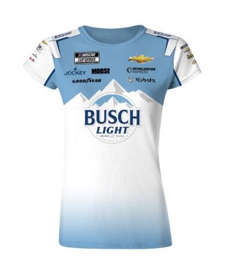 Спортивная женская бело-голубая футболка Ross Chastain Busch Light с клетчатым флагом и легкой униформой