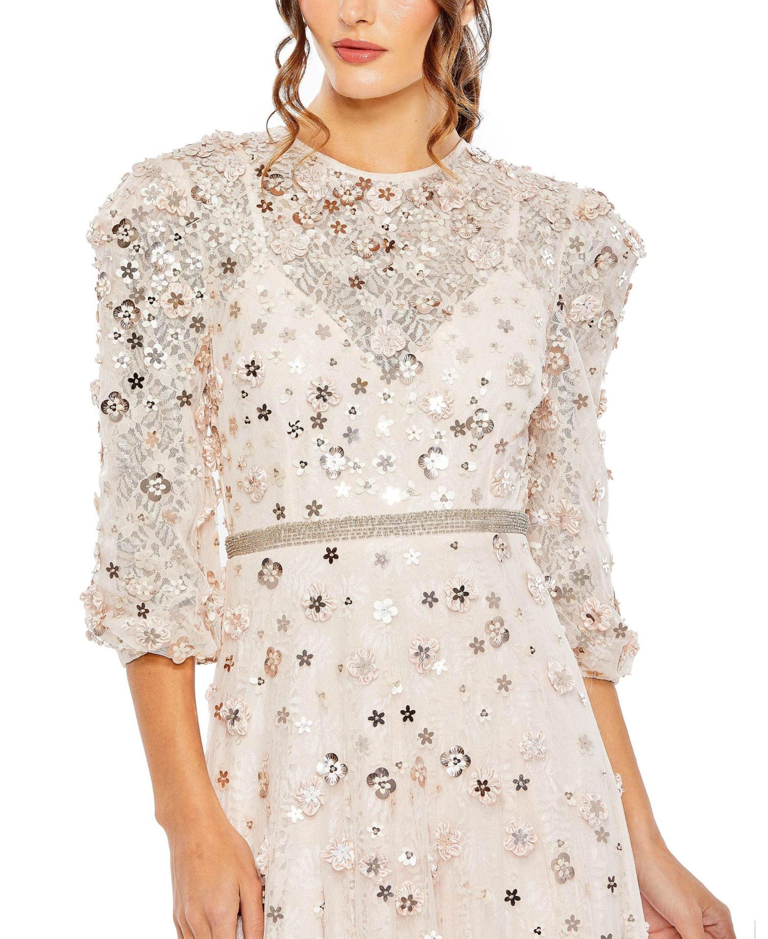 Women's Floral Applique Puff Sleeve High Neck A-Line Gown