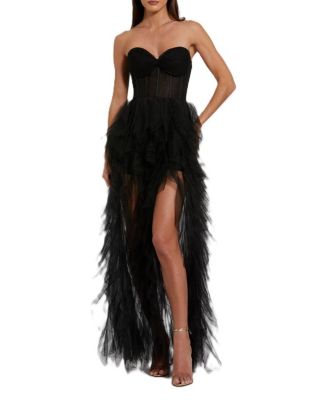 Женское сетчатое платье-бюстье Mac Duggal без бретелек со спиральными оборками