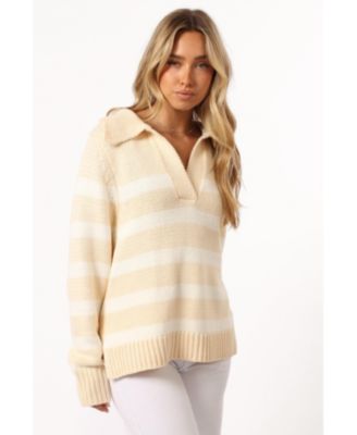 Женский вязаный свитер в полоску с воротником-стойкой из дерева Ши с лепестками и щенком