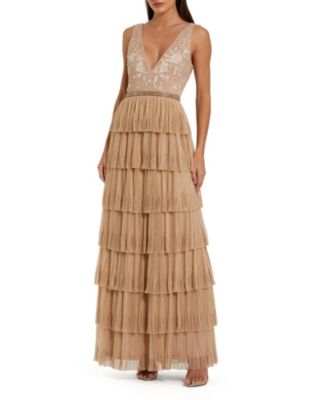 Women's Beaded Mesh V Neck Gown With Tiered Ruffles