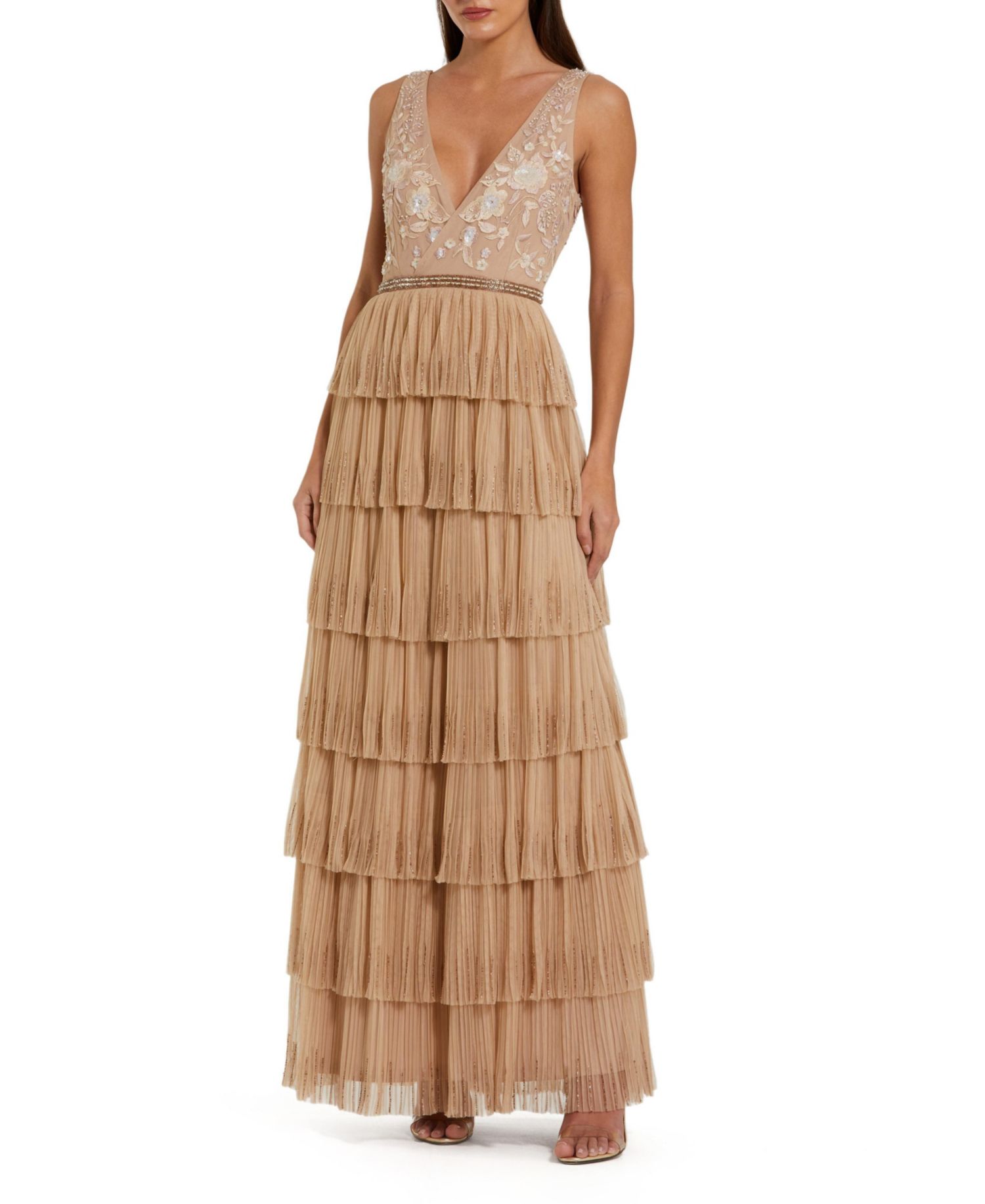 Women's Beaded Mesh V Neck Gown With Tiered Ruffles