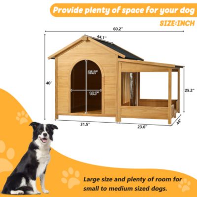 60.2inch Large Wooden Dog House with Porch Cabin Style Dog Crate with Asphalt Roof Nature
