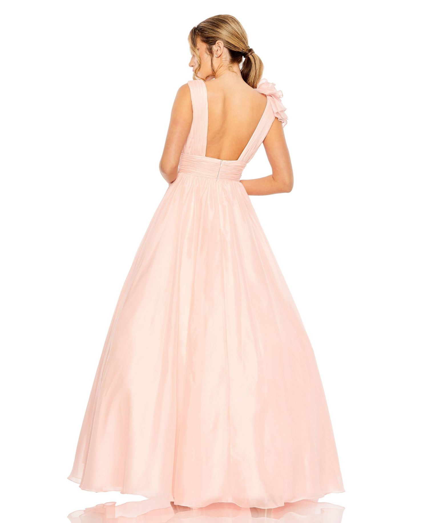 Women's One-Shoulder Ruffle Ball Gown with Plunging V-Neck
