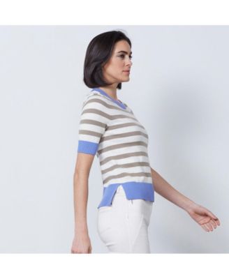 И так далее Женский трикотажный пуловер в бежево-голубую полоску, свитер-записная книжка