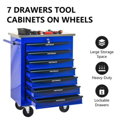 7 Drawers Multifunctional Tool Cart with Wheels Metal Rolling Tool Cart Storage with Stainless Steel Roof Black Blue