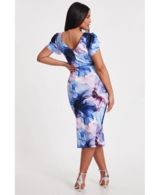 Женское облегающее платье миди с короткими рукавами и бахромой для подводного плавания с цветочным рисунком QUIZ