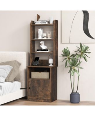 Bedside Tables Tall Nightstands with 5 Open Shelf and Cabinet
