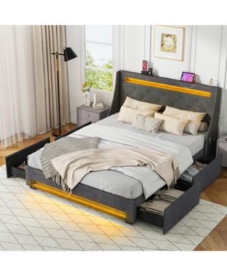 Full Size Bed Frame with LED Lights Wingback Headboard and Charging Station