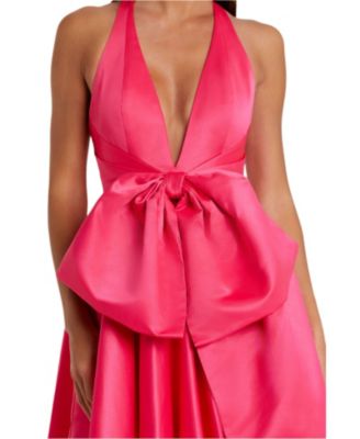 Women's Sleeveless Deep V Satin Gown With Oversized Bow