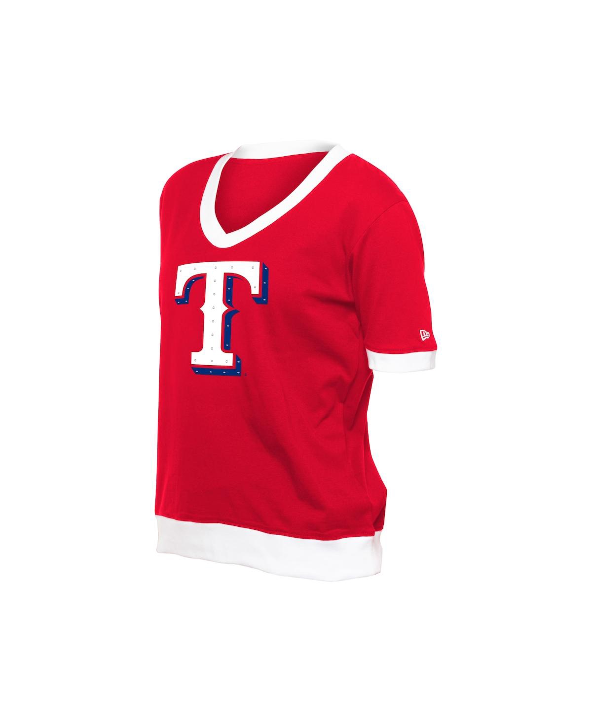 NEW ERA WOMEN'S RED TEXAS RANGERS GAME DAY RHINESTONE V-NECK T-SHIRT 