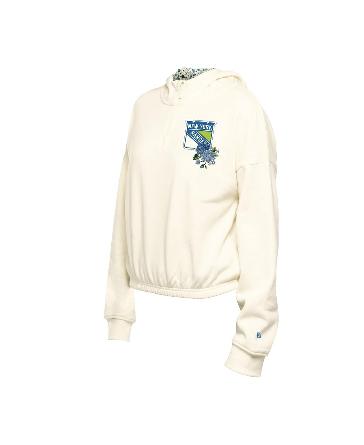NEW ERA WOMEN'S CREAM NEW YORK RANGERS GLAM GAME QUARTER-ZIP CROPPED FLORAL HOODIE PULLOVER TOP 