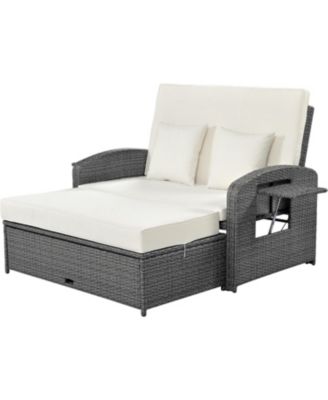 Streamdale PE Wicker Double Chaise Lounge, Adjustable, White + Cover