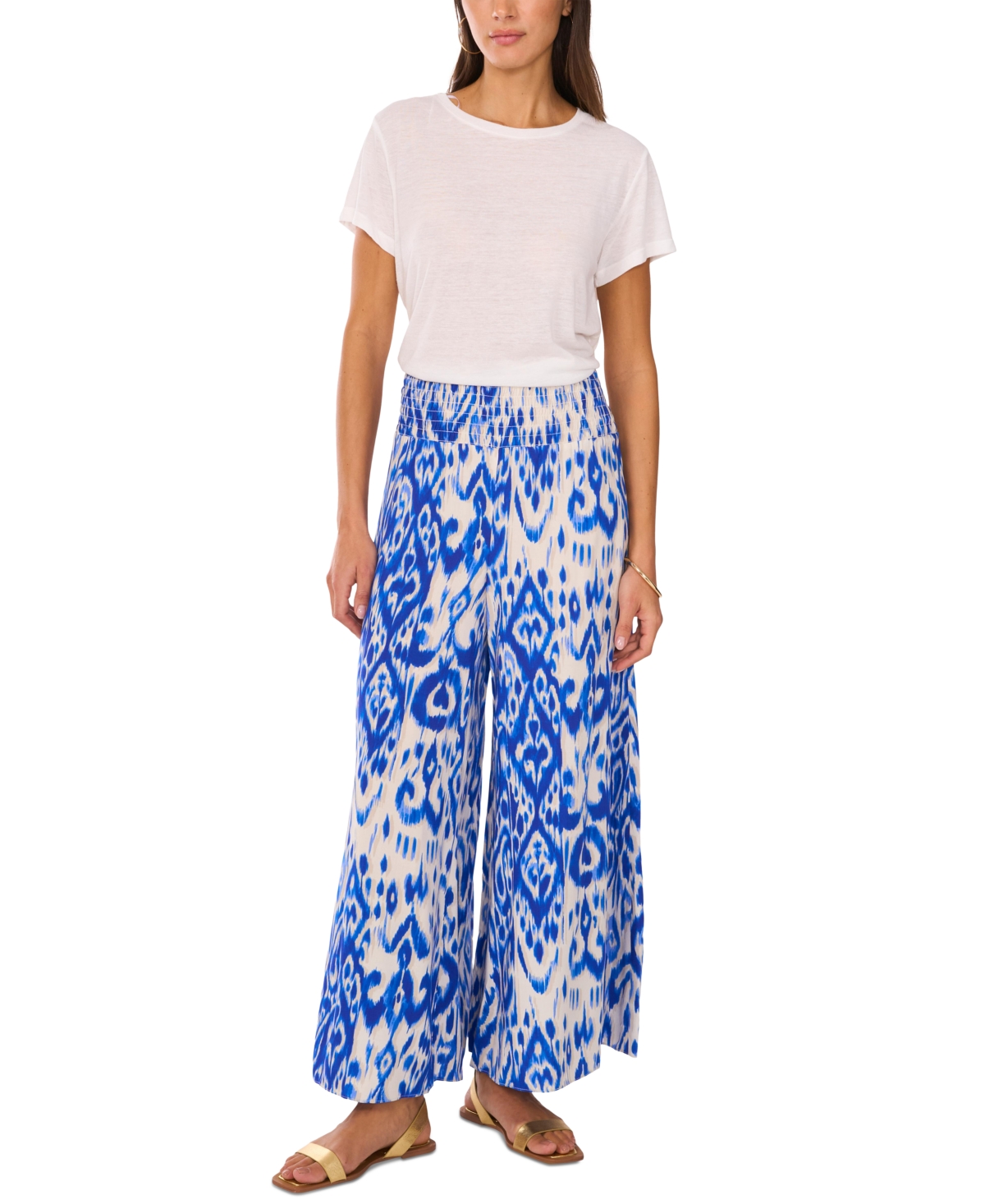 Shop Vince Camuto Women's Ikat-print Smocked-waist Pull-on Wide-leg Pants In Royal Azure