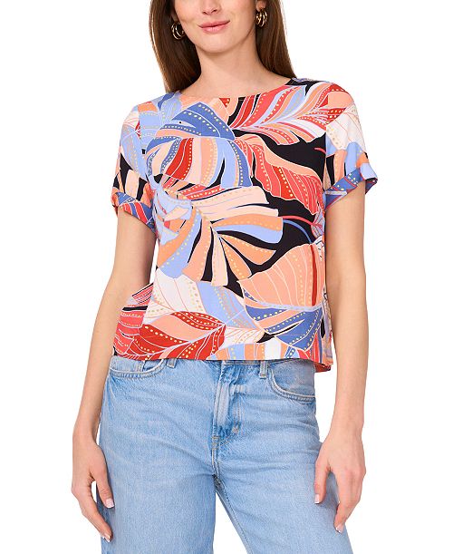 alfani Vince Camuto Women's Tropical-Print Round-Neck Keyhole-Back Cuff-Sleeve Top XS-3X Women's Fashion Shoes & Accessories
