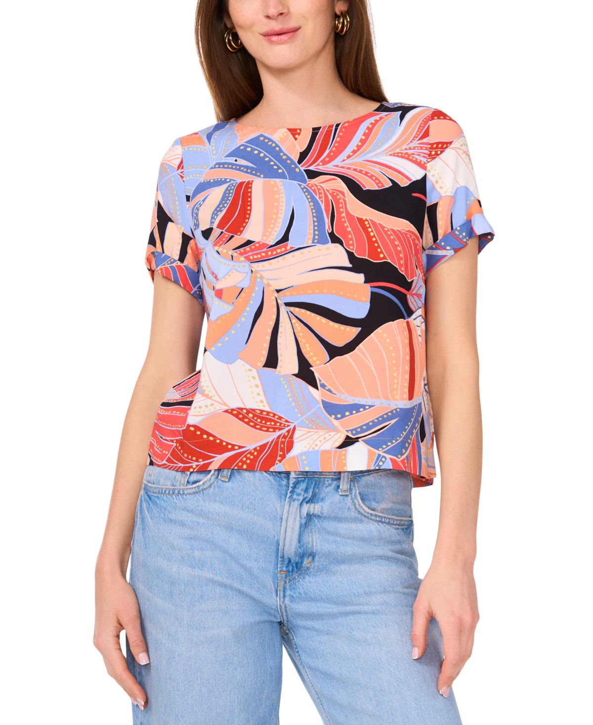 VINCE CAMUTO WOMEN'S TROPICAL-PRINT ROUND-NECK KEYHOLE-BACK CUFF-SLEEVE TOP, XS-3X 