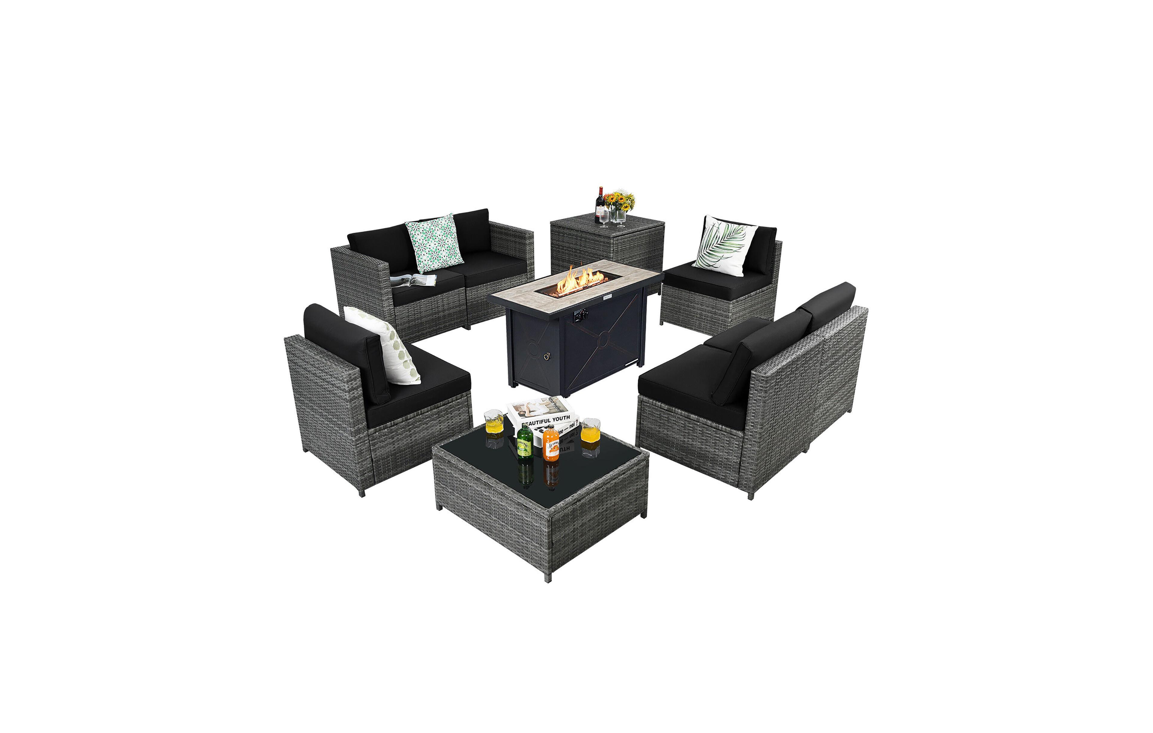 Gymax 9 Pcs Patio Rattan Furniture Set Fire Pit Table Storage Grey W/ Cover