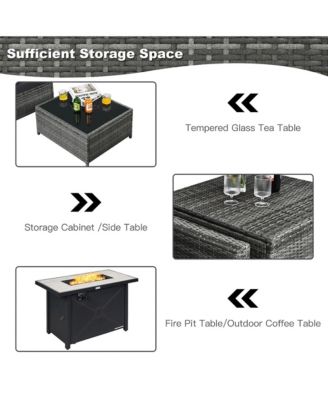 9 PCS Patio Rattan Furniture Set Fire Pit Table Storage Grey W/ Cover