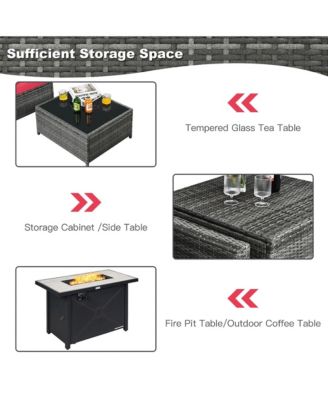 9 PCS Patio Rattan Furniture Set Fire Pit Table Storage Grey W/ Cover