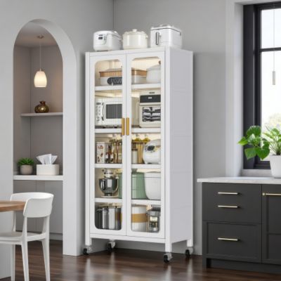 65inch Kitchen Pantry Storage Cabinet 6 Tier Metal Display Cabinet with Transparent Door Adjustable Shelves Wheels White