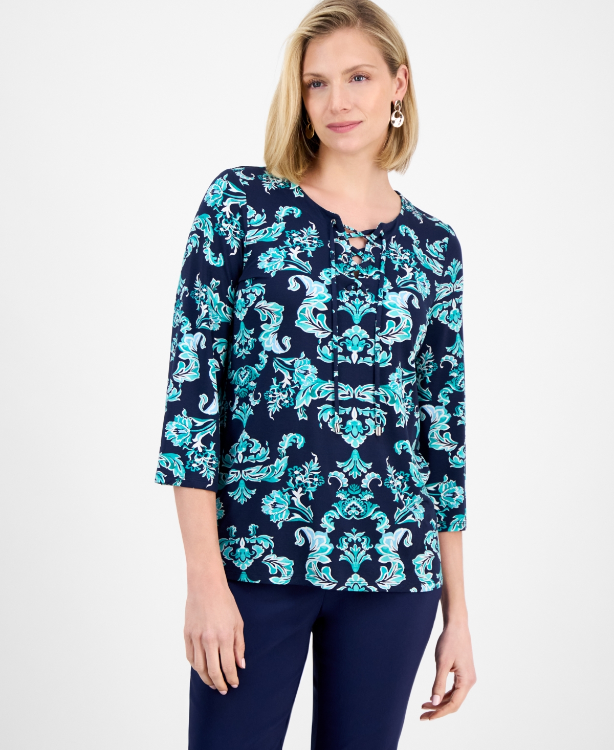 Women's Printed Split-Lace-Up-Neck Blouse, Exclusively at Macy's - Intrepid Blue Combo
