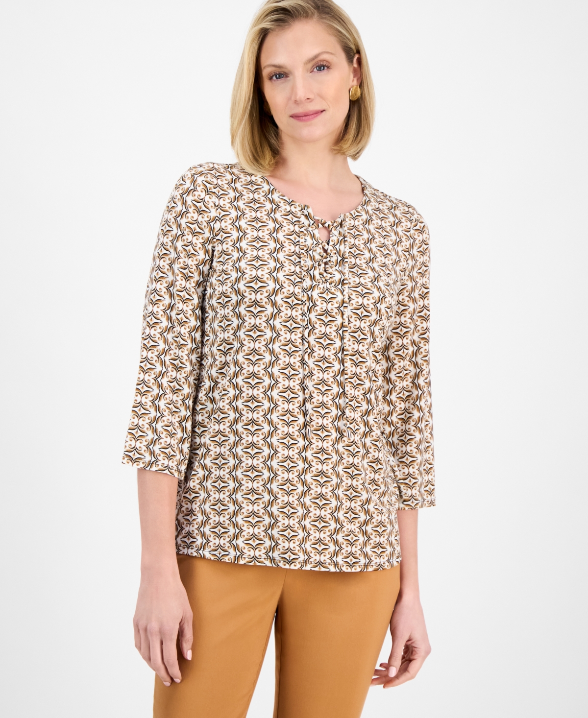 JM COLLECTION PETITE GEOMETRIC PRINT 3/4-SLEEVE BLOUSE, EXCLUSIVELY AT MACY'S 