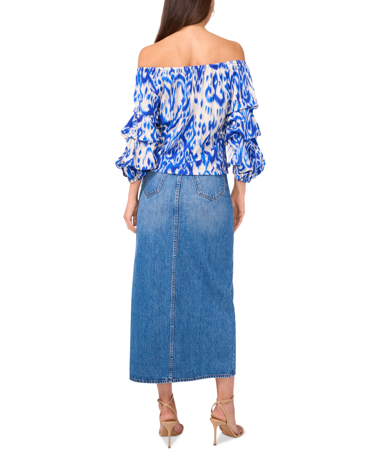 Vince Camuto Ikat Print Off The Shoulder Bubble Sleeve Top In Royal Azure