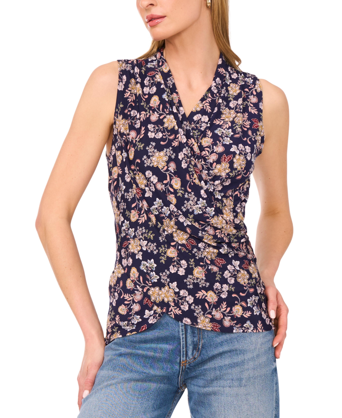 VINCE CAMUTO WOMEN'S FLORAL CROSSOVER WRAP-FRONT SLEEVELESS TOP 