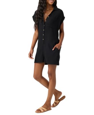 Juniors' Kamilla Rolled-Cuff Button-Front Romper