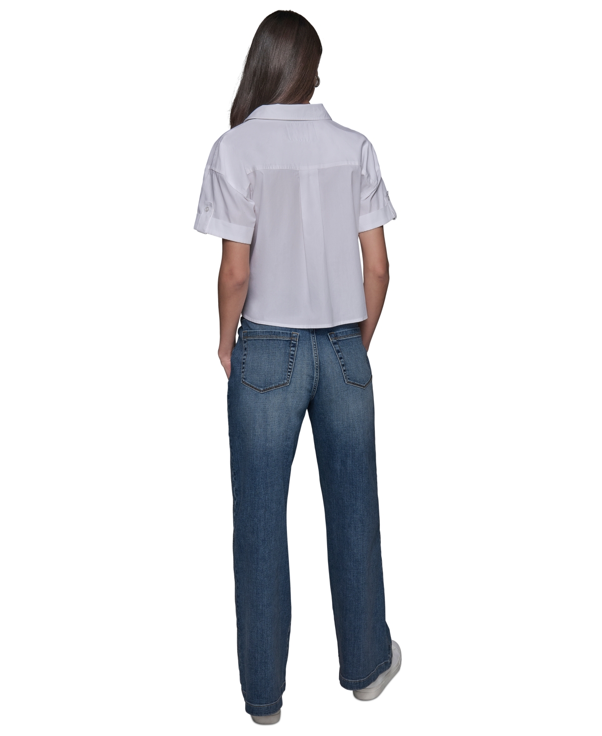 Shop Karl Lagerfeld Women's Cotton Crop Paris Scene Button-front Top In Soft White Chambray Blue Multi