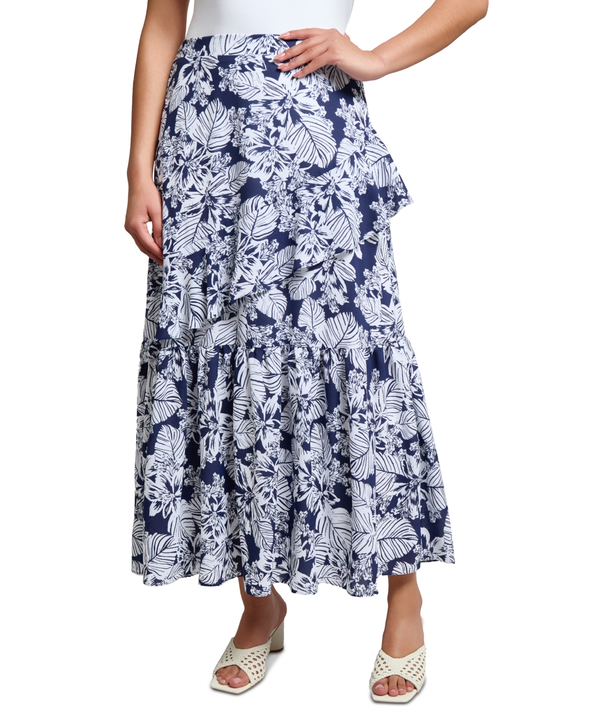 Women's Floral Ruffle-Trim Maxi Skirt - Pacific Navy Multi
