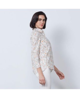 И так далее, женская блузка с цветочным принтом и топиарием